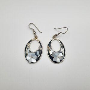 Mexican Alpaca Silver Black and Blue Pearl Mosaic Oval Earrings - Vintage